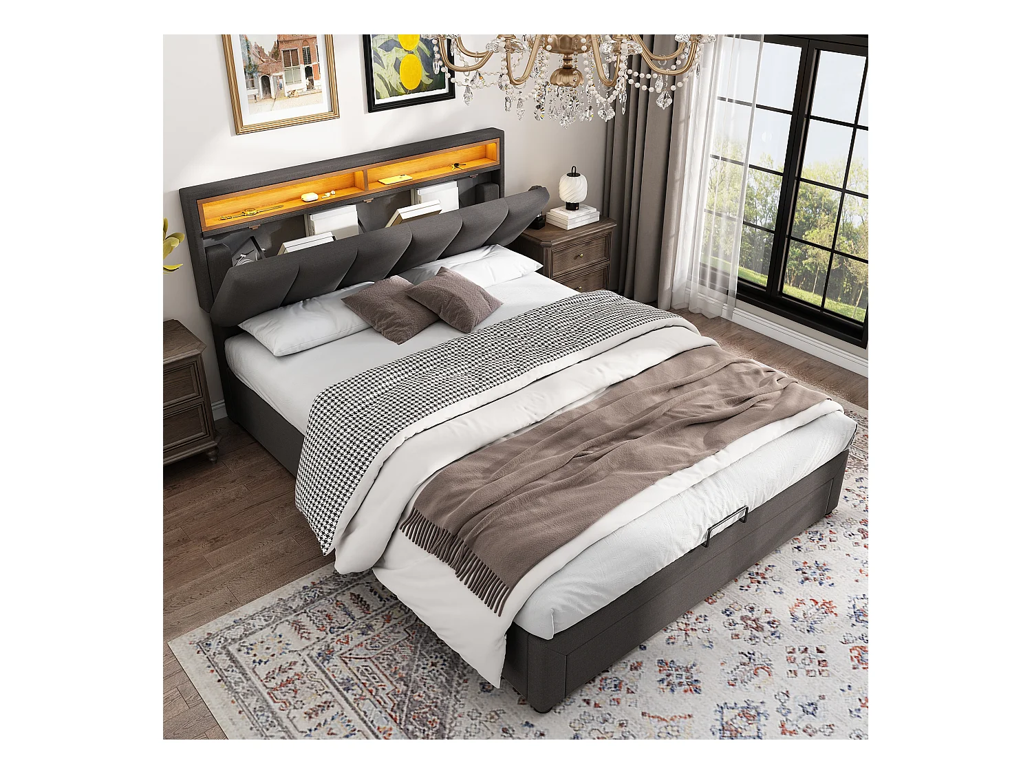 Lit capitonné avec LED, avec rangement hydraulique, tête de lit rétractable, tissu lin, cadre en métal, 140x190 cm, gris (140x190 cm)