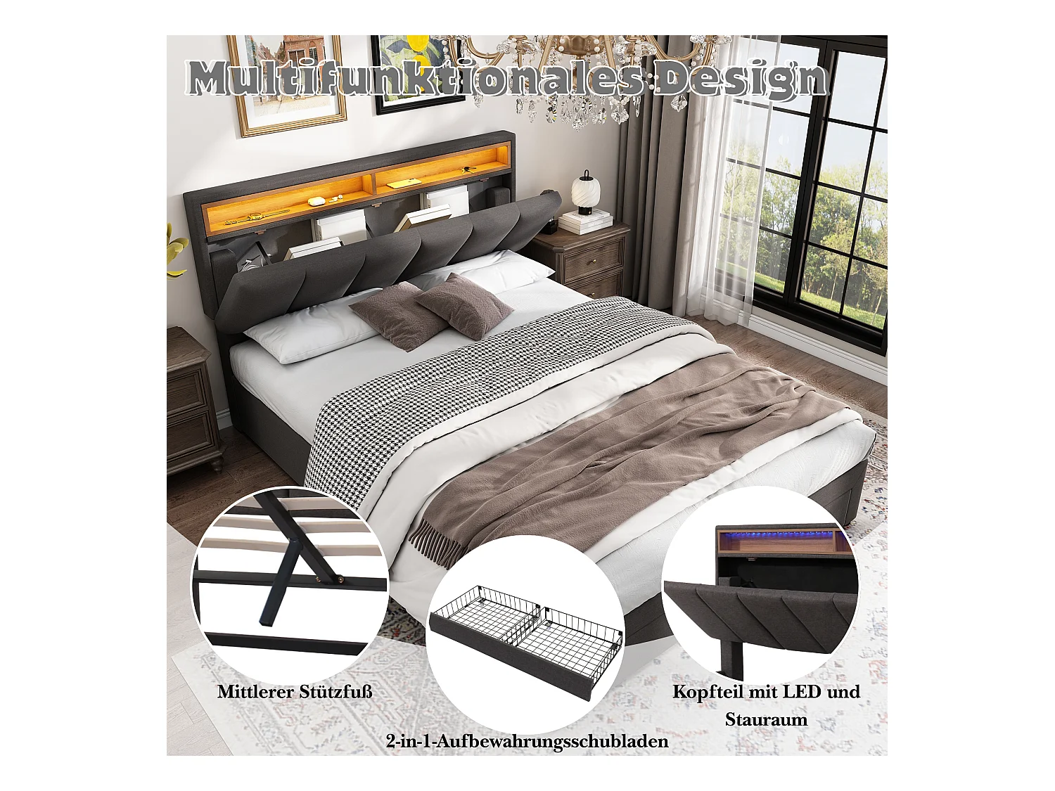 Lit capitonné avec LED, avec rangement hydraulique, tête de lit rétractable, tissu lin, cadre en métal, 140x190 cm, gris (140x190 cm)