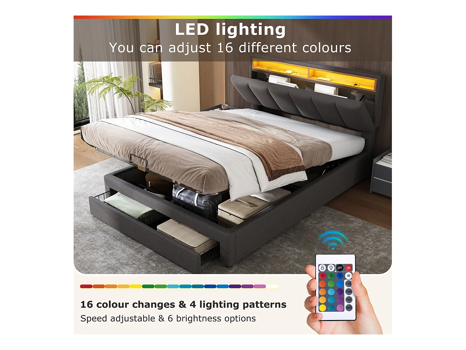 Lit capitonné avec LED, avec rangement hydraulique, tête de lit rétractable, tissu lin, cadre en métal, 140x190 cm, gris (140x190 cm)