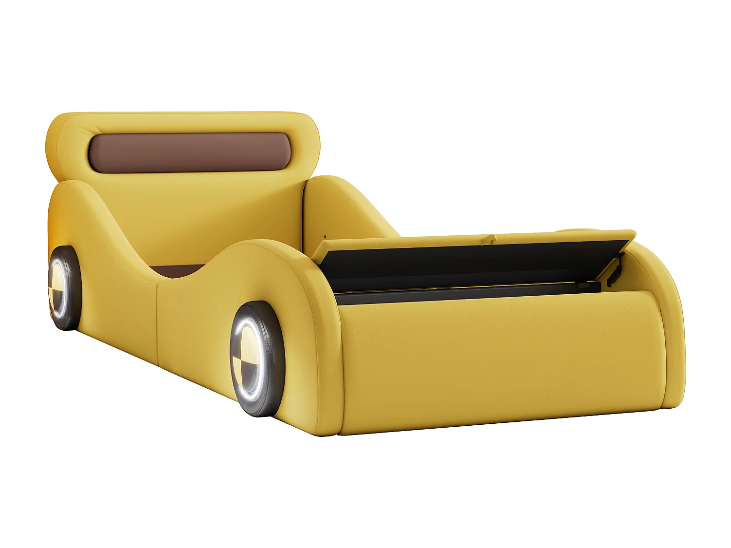 Lit voiture, 90x200 cm, lit enfant avec roues lumineuses et espace de rangement, PU, jaune (241x101x82 cm)