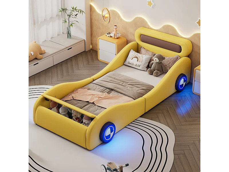 Lit voiture, 90x200 cm, lit enfant avec roues lumineuses et espace de rangement, PU, jaune (241x101x82 cm)