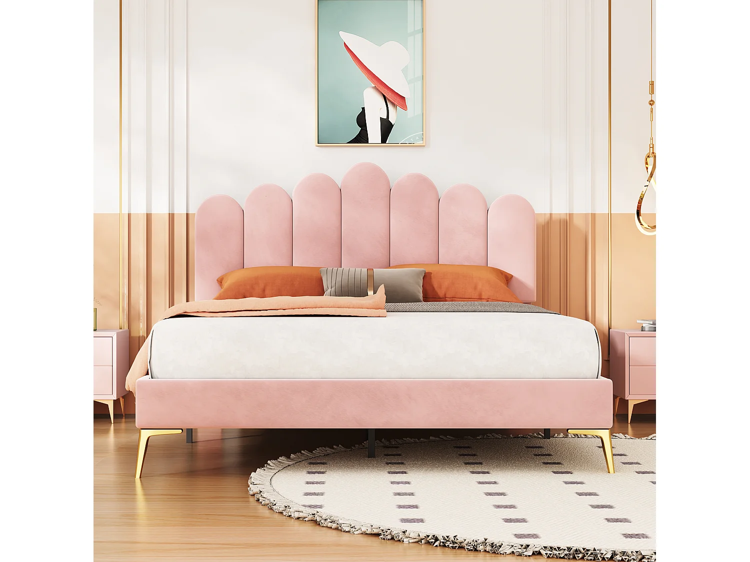 Lit double 140 x 200 cm avec tête de lit, sommier à lattes, tissu velours rose (203x140.5x102 cm)