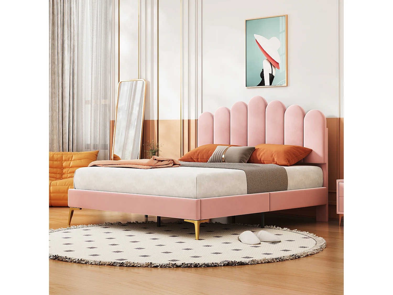 Lit double 140 x 200 cm avec tête de lit, sommier à lattes, tissu velours rose (203x140.5x102 cm)