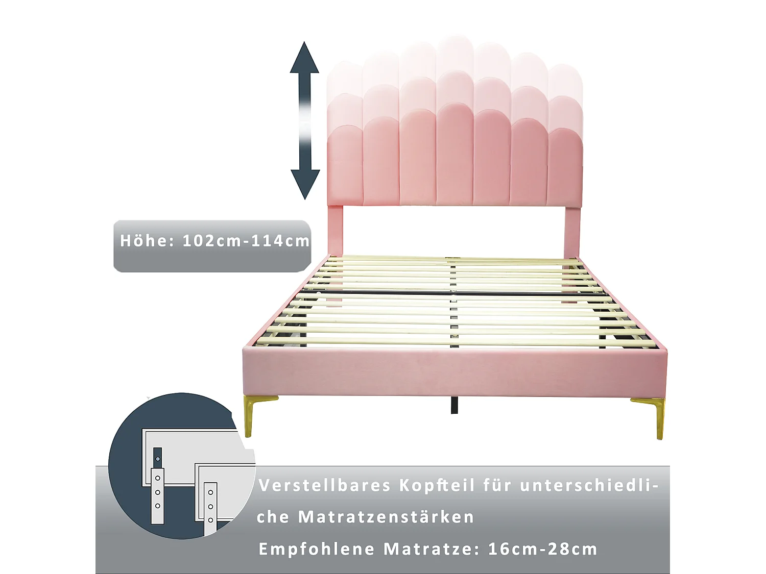 Lit double 140 x 200 cm avec tête de lit, sommier à lattes, tissu velours rose (203x140.5x102 cm)