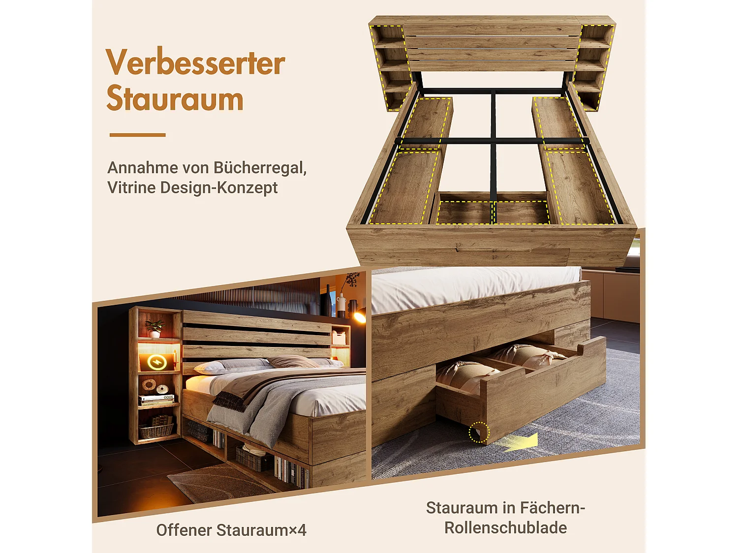 Lit Double 180x200 cm, tête de lit rangement, ports USB et Type-C, LED 360°, bois et métal, chêne (218x252x90 cm)