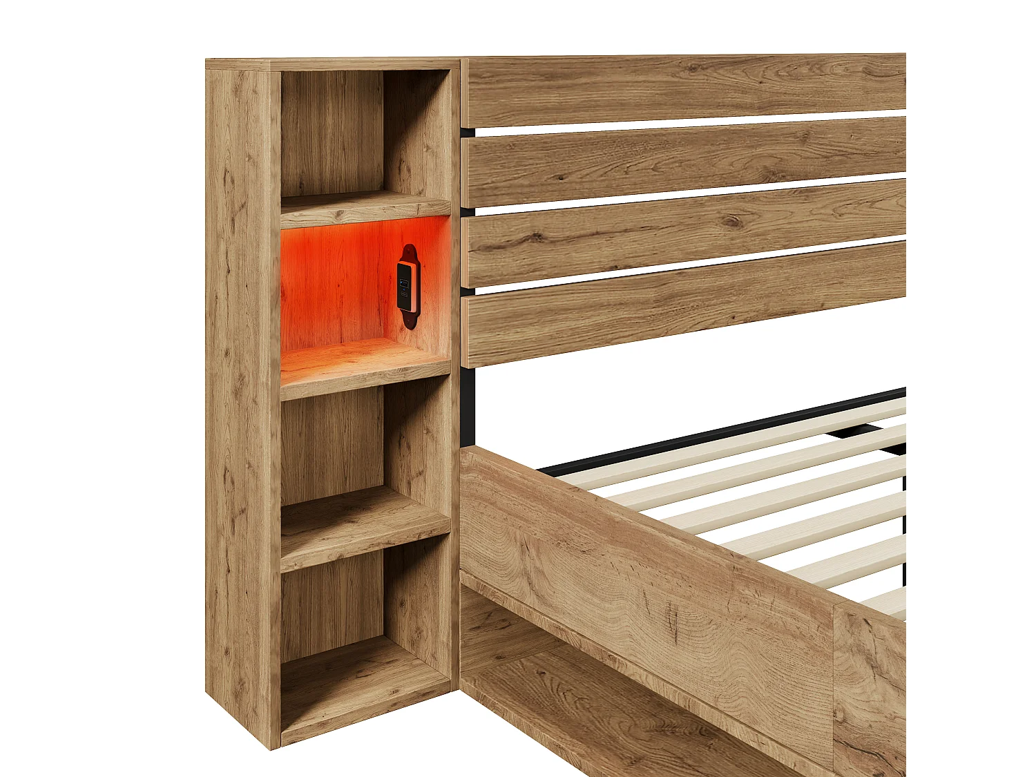 Lit Double 180x200 cm, tête de lit rangement, ports USB et Type-C, LED 360°, bois et métal, chêne (218x252x90 cm)