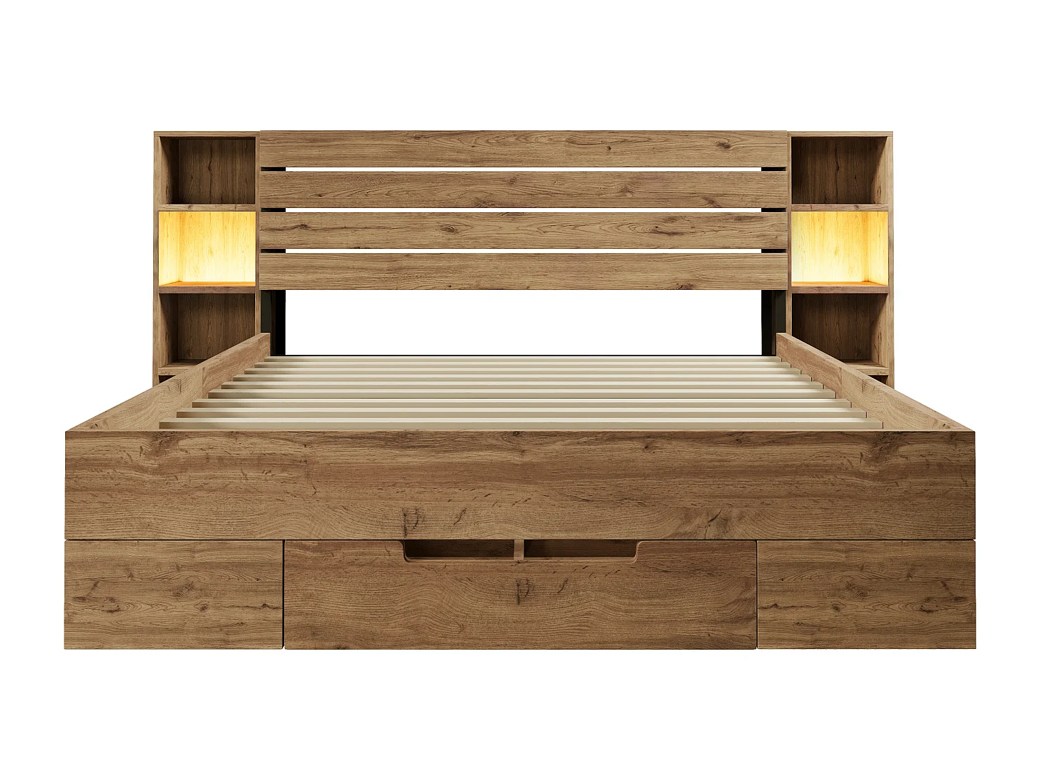 Lit Double 180x200 cm, tête de lit rangement, ports USB et Type-C, LED 360°, bois et métal, chêne (218x252x90 cm)