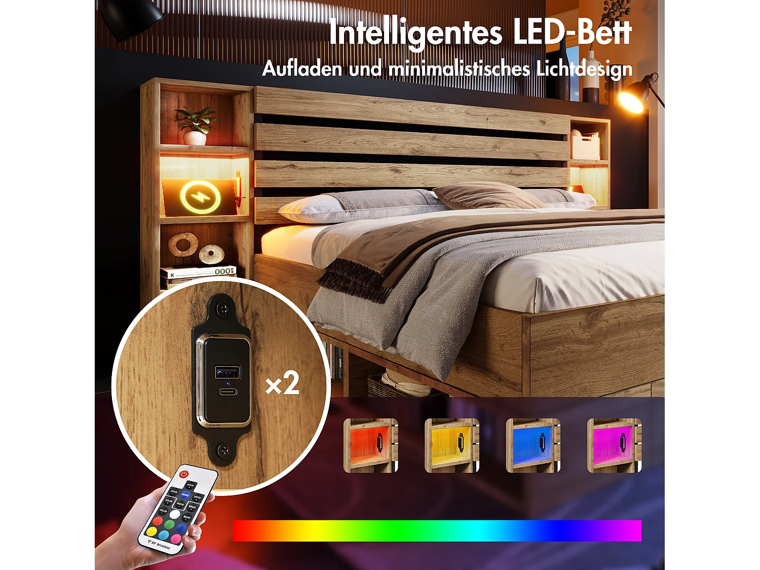Tweepersoonsbed 180x200 cm, opberghoofdeinde, USB- en Type-C-aansluitingen, 360° LED, hout en metaal, eiken (218x252x90 cm)