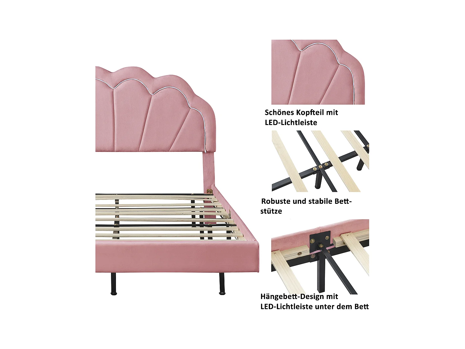 Lit avec LED 140x200 cm, cadre flottant avec stockage, tête de lit design unique, en velours rose (210x151x114 cm)