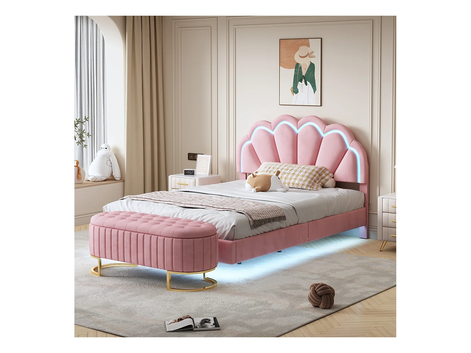 Letto con LED 140x200 cm, struttura sospesa con contenitore, testiera dal design unico, in velluto rosa (210x151x114 cm)