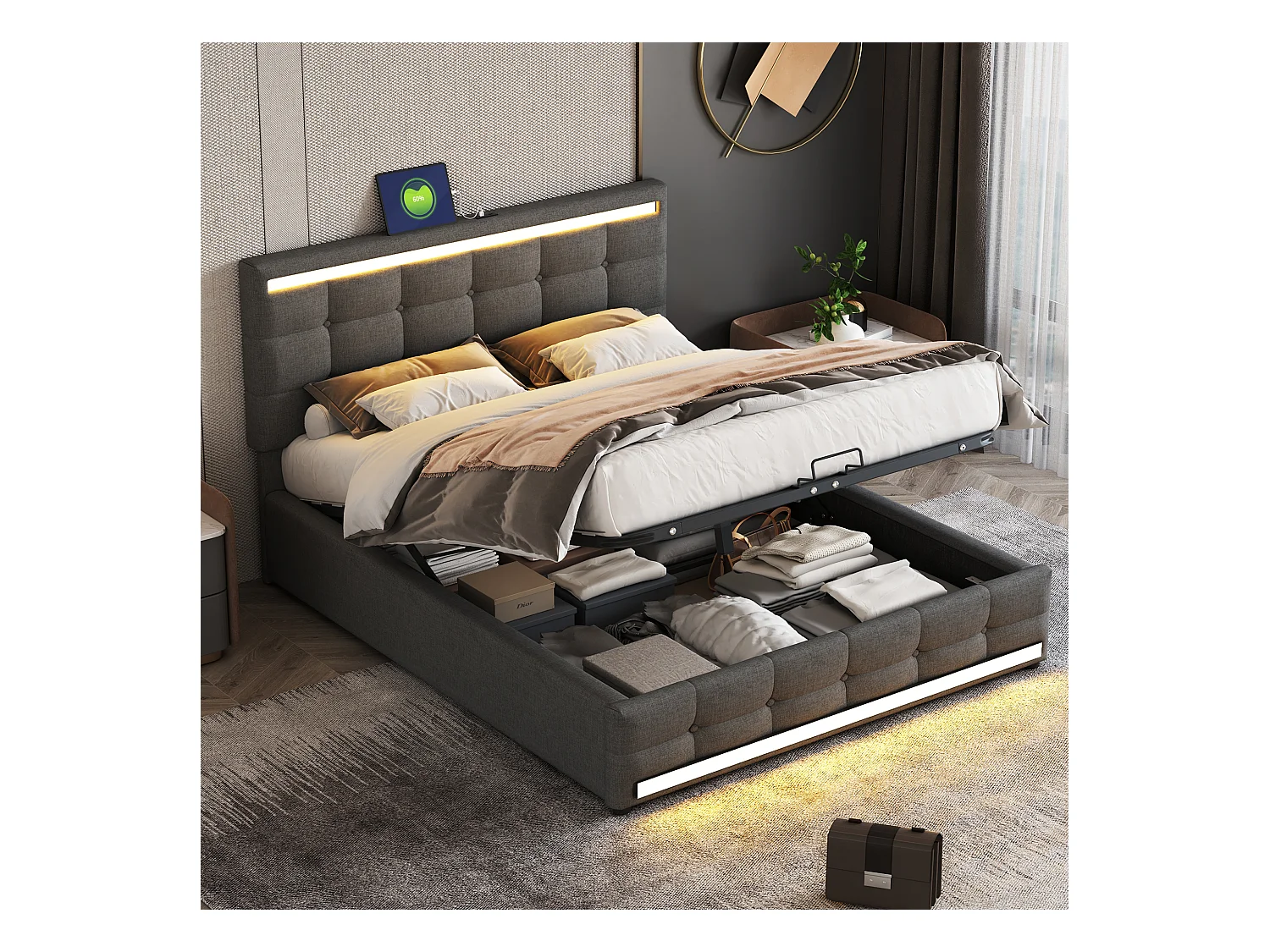 Lit avec tête de lit réglable, cadre rembourré avec LED, rangement spacieux et 2 ports USB, tissu beige (208x145x111 cm)