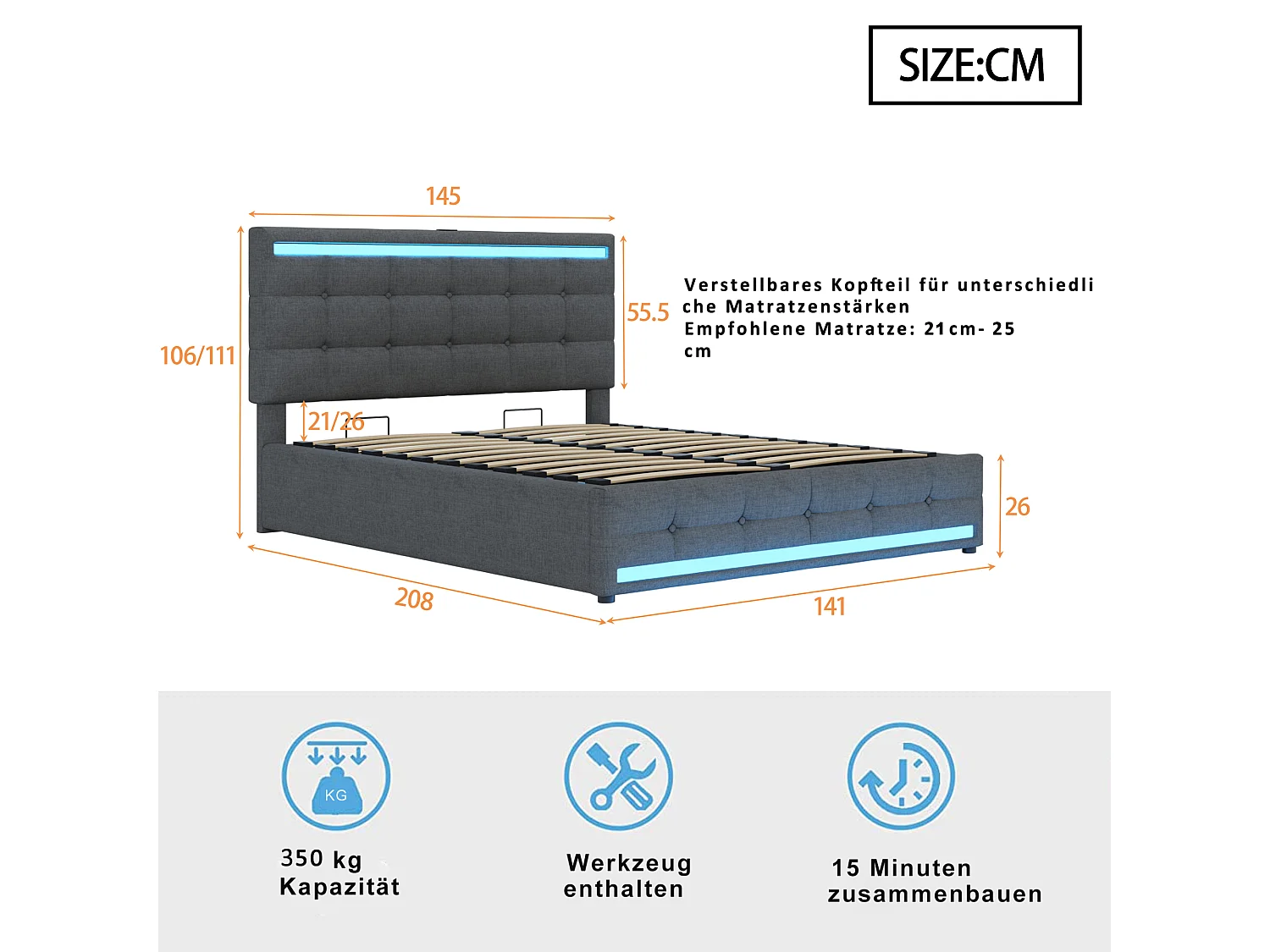 Lit avec tête de lit réglable, cadre rembourré avec LED, rangement spacieux et 2 ports USB, tissu beige (208x145x111 cm)