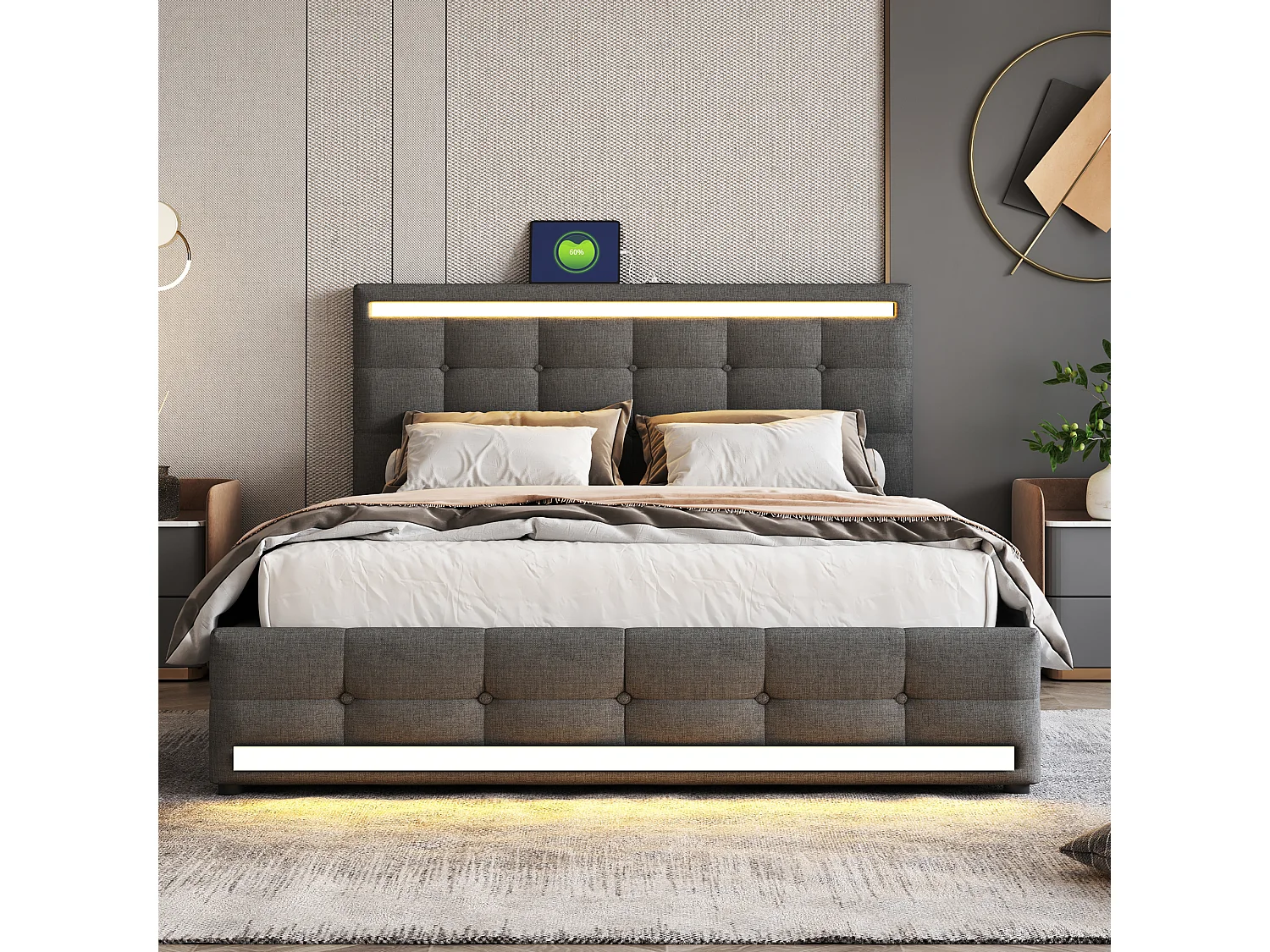 Letto con testiera regolabile, struttura imbottita con LED, ampio contenitore e 2 porte USB, tessuto beige (208x145x111 cm)
