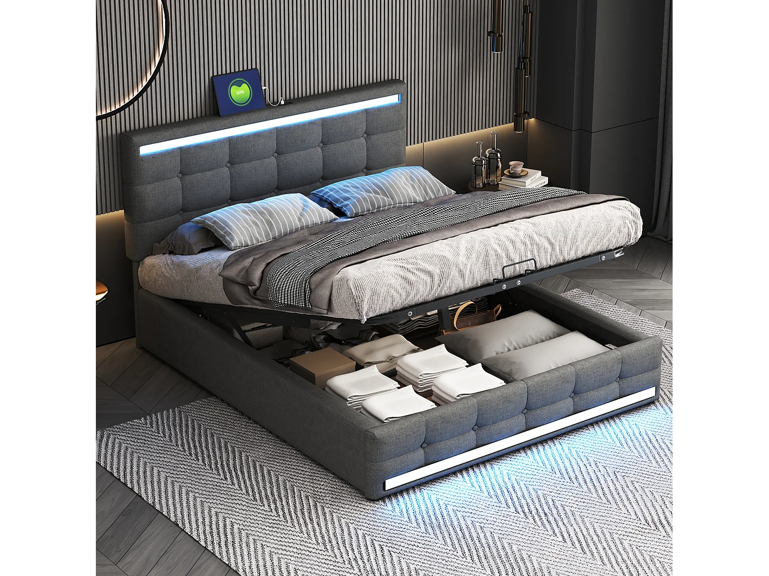 Letto con testiera regolabile, struttura imbottita con LED, ampio contenitore e 2 porte USB, tessuto beige (208x145x111 cm)