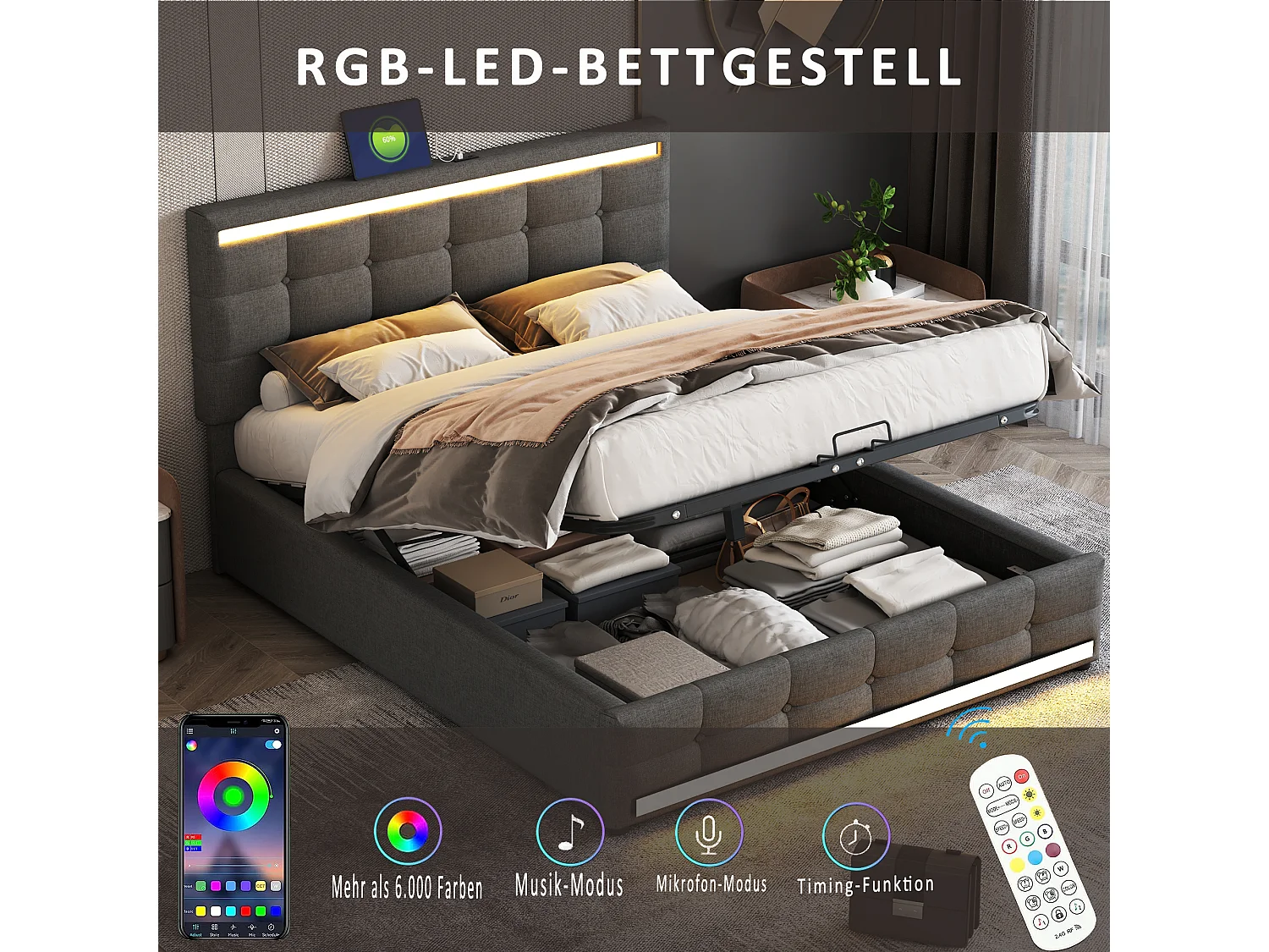 Letto con testiera regolabile, struttura imbottita con LED, ampio contenitore e 2 porte USB, tessuto beige (208x145x111 cm)