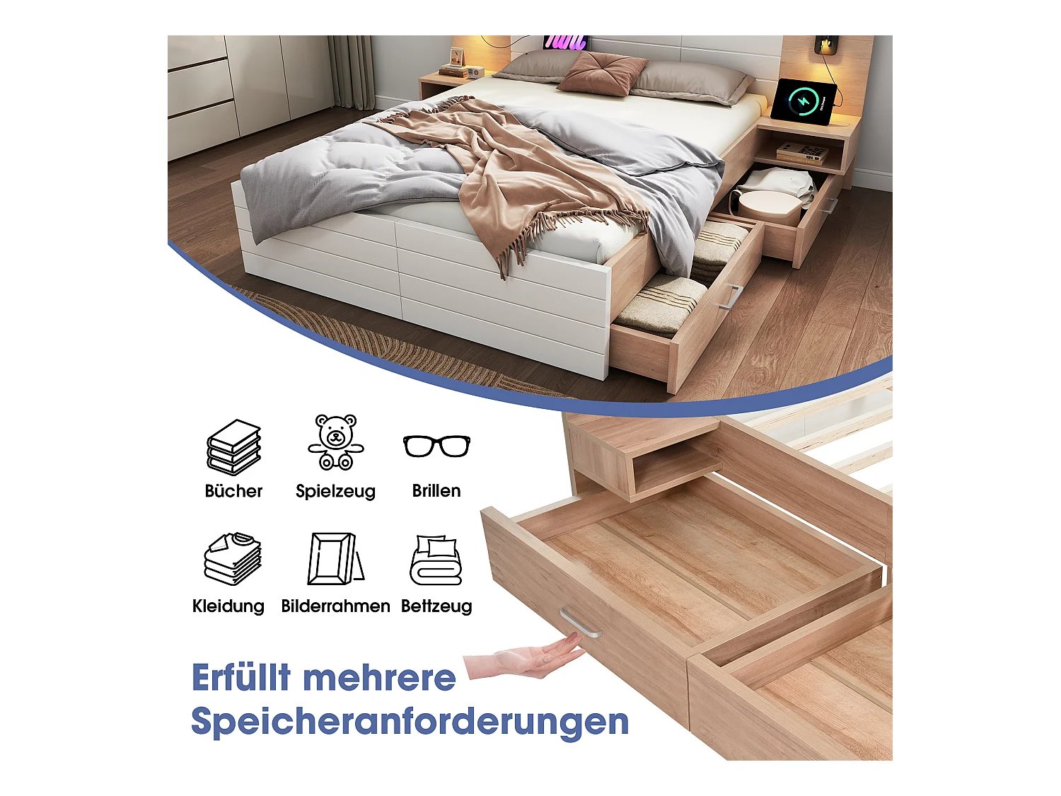 Lit 160x200 cm, 2 Tables de Nuit, 4 Tiroirs, Tête de Lit avec Lampe et USB, Bois Massif et MDF, Beige (235x80x207 cm)