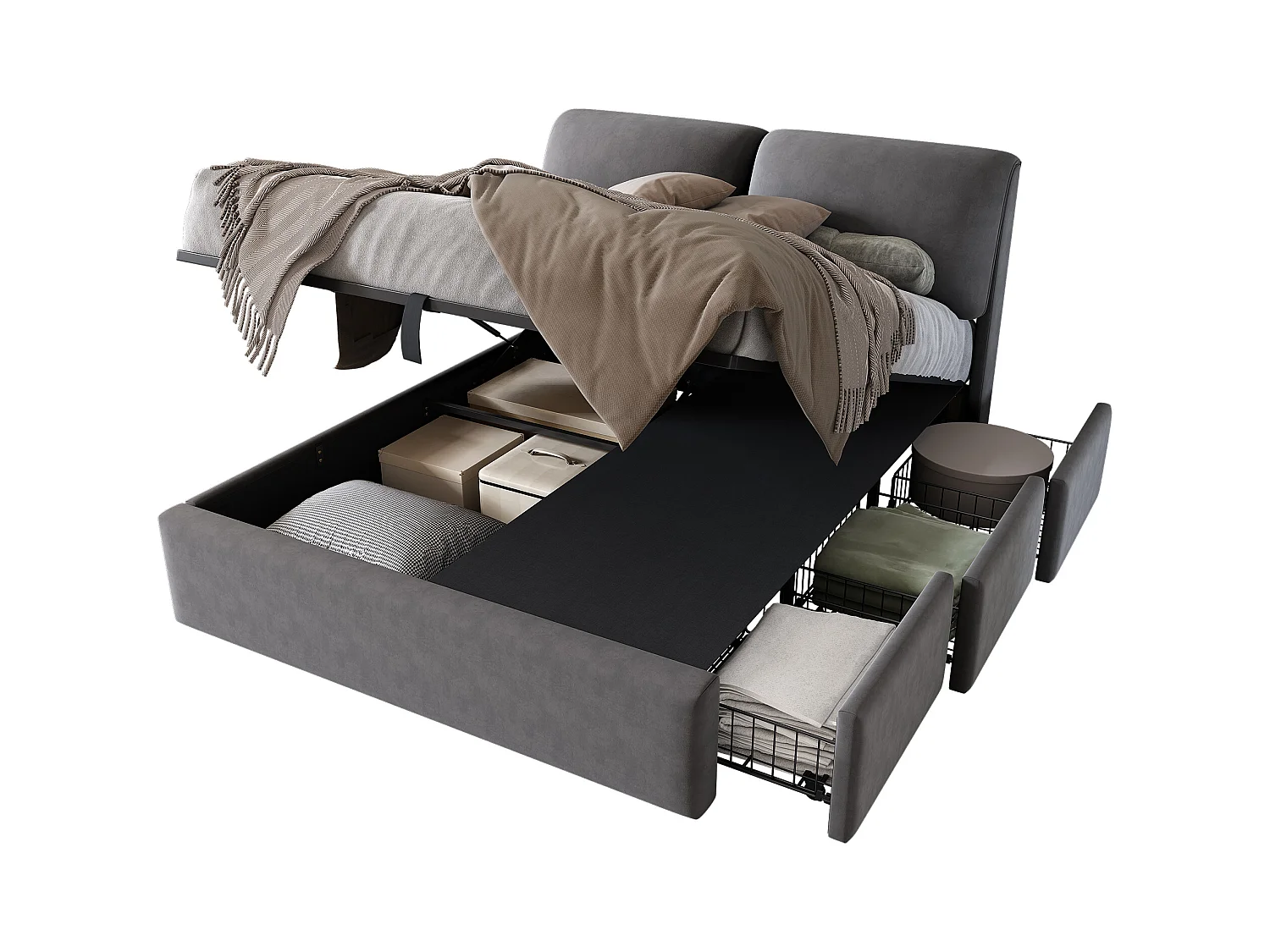 Lit tapissé avec sommier hydraulique, trois tiroirs et coffre de rangement, velours gris (140x190 cm)