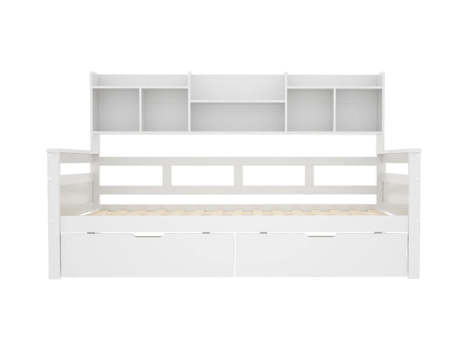 Lit 90x200 cm avec tiroirs et étagères, Lit multifonction en bois massif, Blanc (205x96x125 cm)