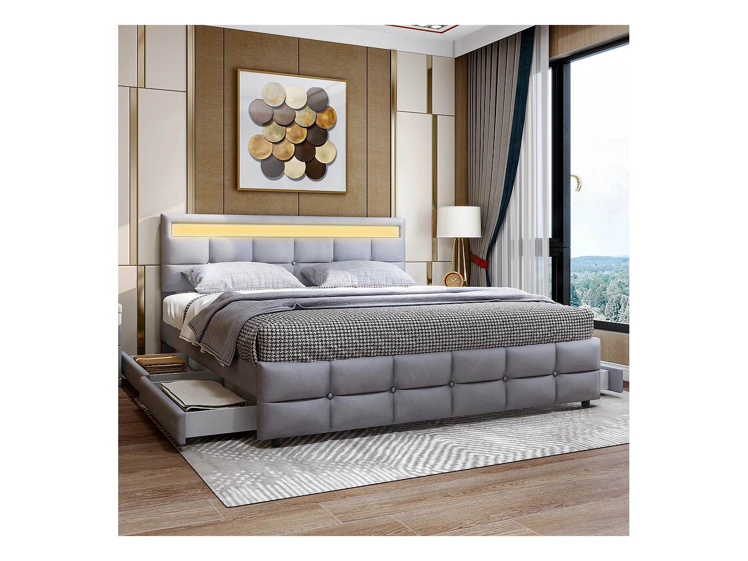 Lit tapissé 180x200cm avec LED, 4 tiroirs, lattes métalliques, dossier réglable, velours gris (203x183.5x97.5cm)