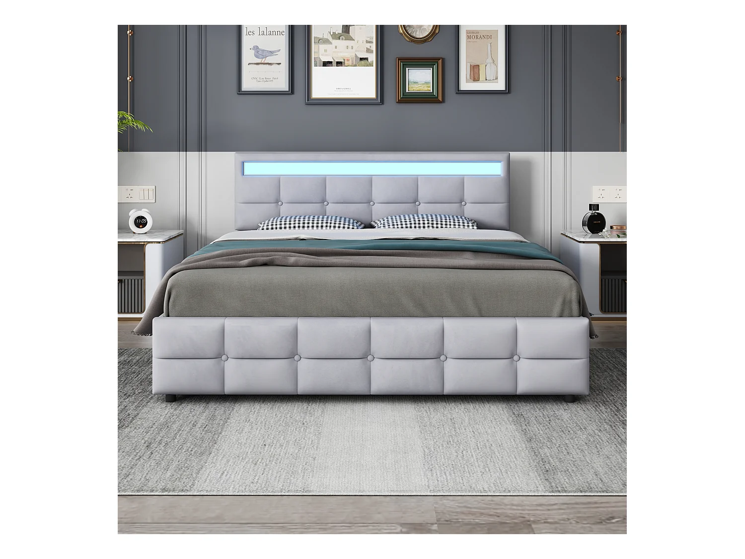 Lit tapissé 180x200cm avec LED, 4 tiroirs, lattes métalliques, dossier réglable, velours gris (203x183.5x97.5cm)