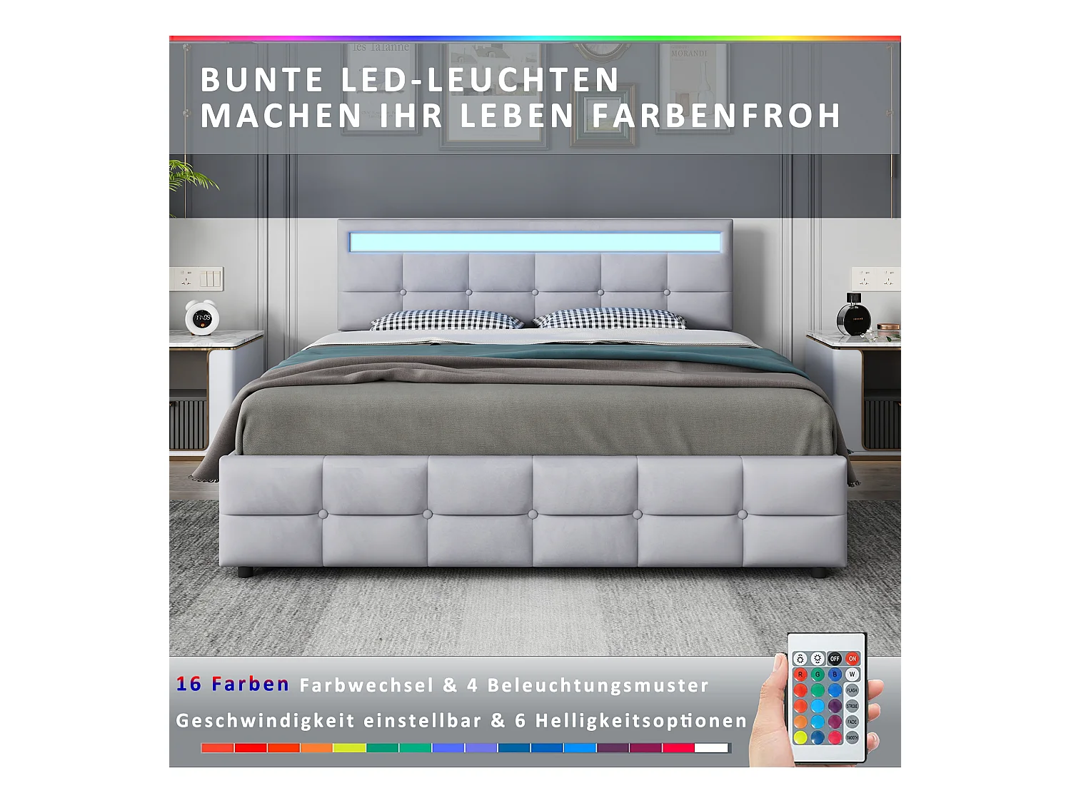 Lit tapissé 180x200cm avec LED, 4 tiroirs, lattes métalliques, dossier réglable, velours gris (203x183.5x97.5cm)