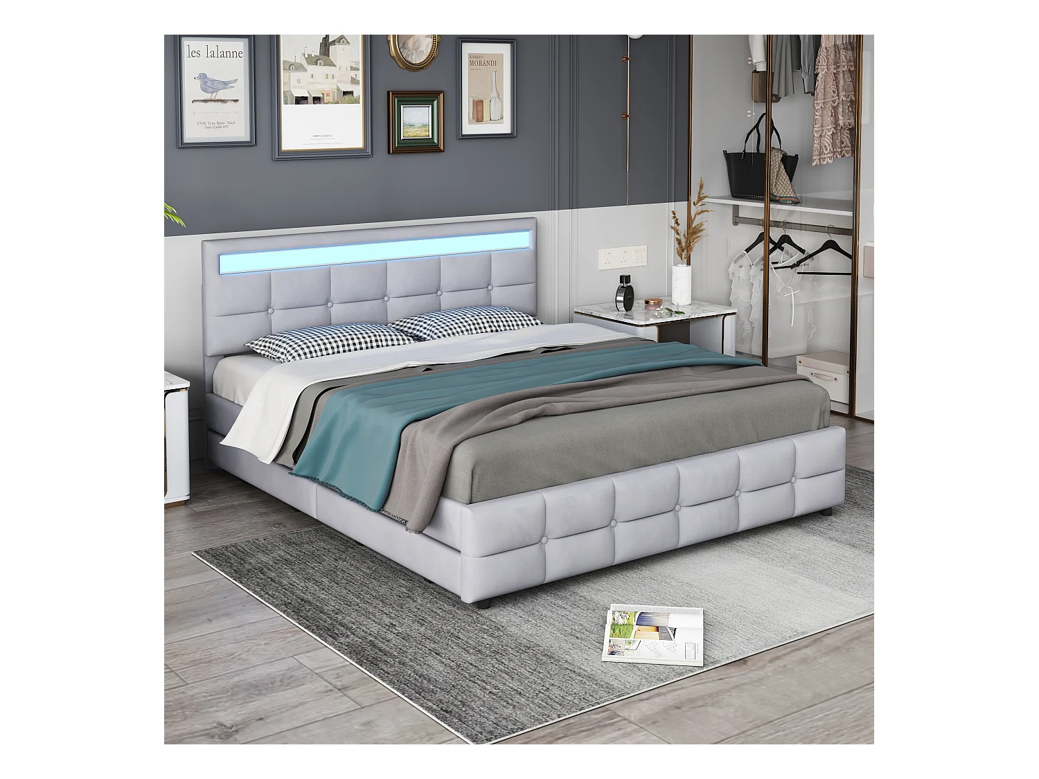 Lit tapissé 180x200cm avec LED, 4 tiroirs, lattes métalliques, dossier réglable, velours gris (203x183.5x97.5cm)