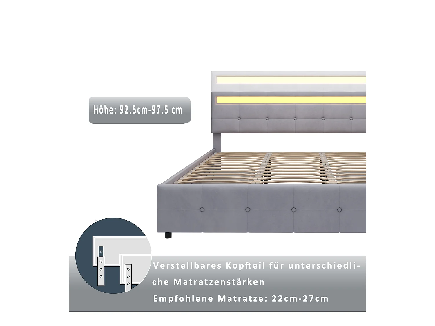 Lit tapissé 180x200cm avec LED, 4 tiroirs, lattes métalliques, dossier réglable, velours gris (203x183.5x97.5cm)