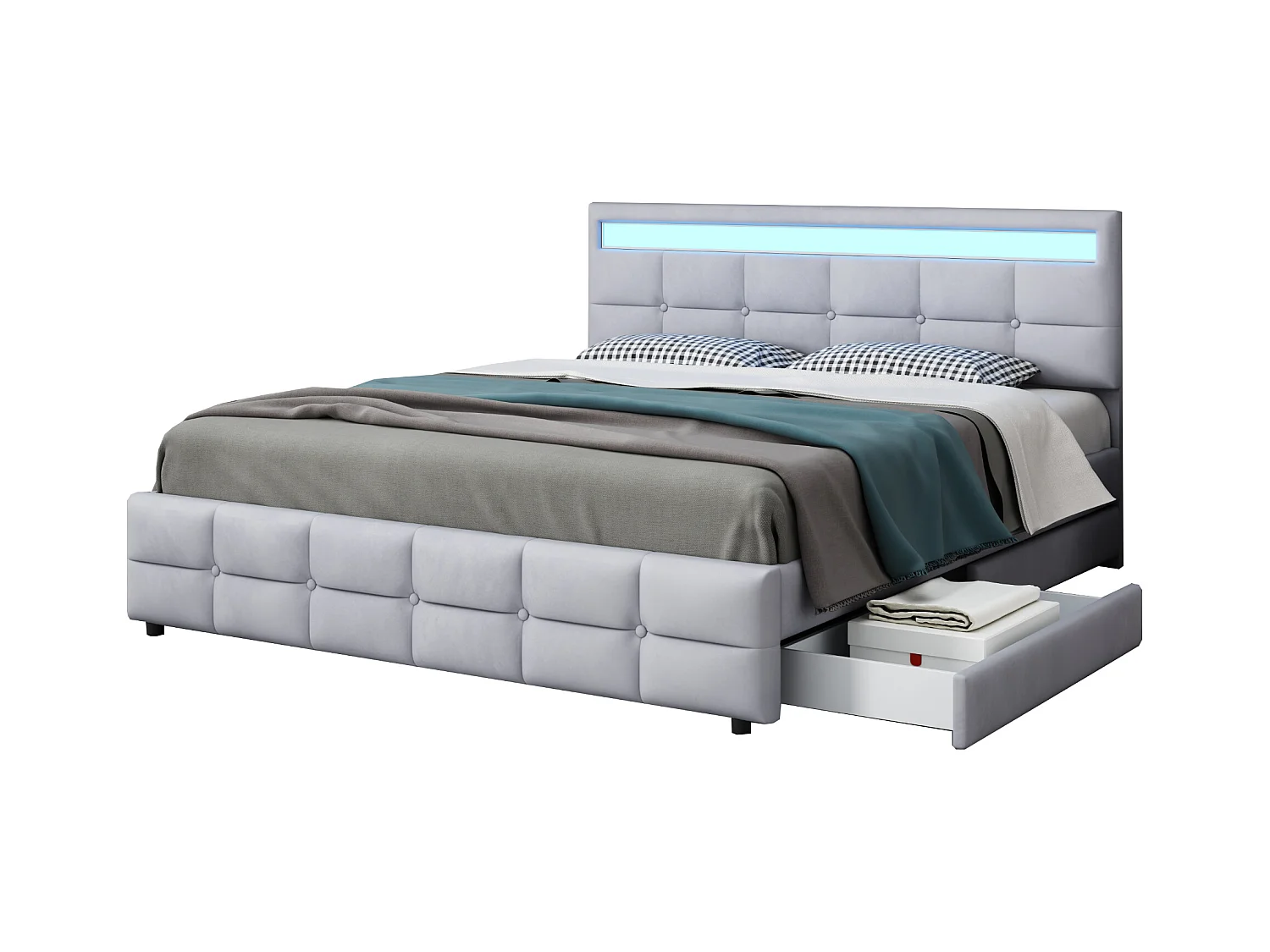 Lit tapissé 180x200cm avec LED, 4 tiroirs, lattes métalliques, dossier réglable, velours gris (203x183.5x97.5cm)