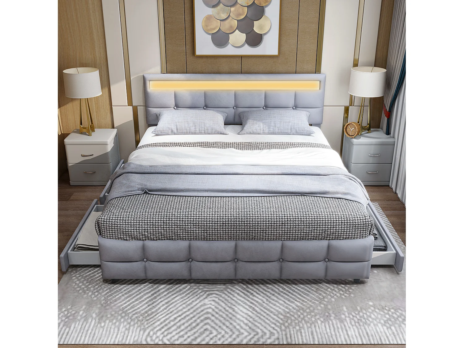 Lit tapissé 180x200cm avec LED, 4 tiroirs, lattes métalliques, dossier réglable, velours gris (203x183.5x97.5cm)