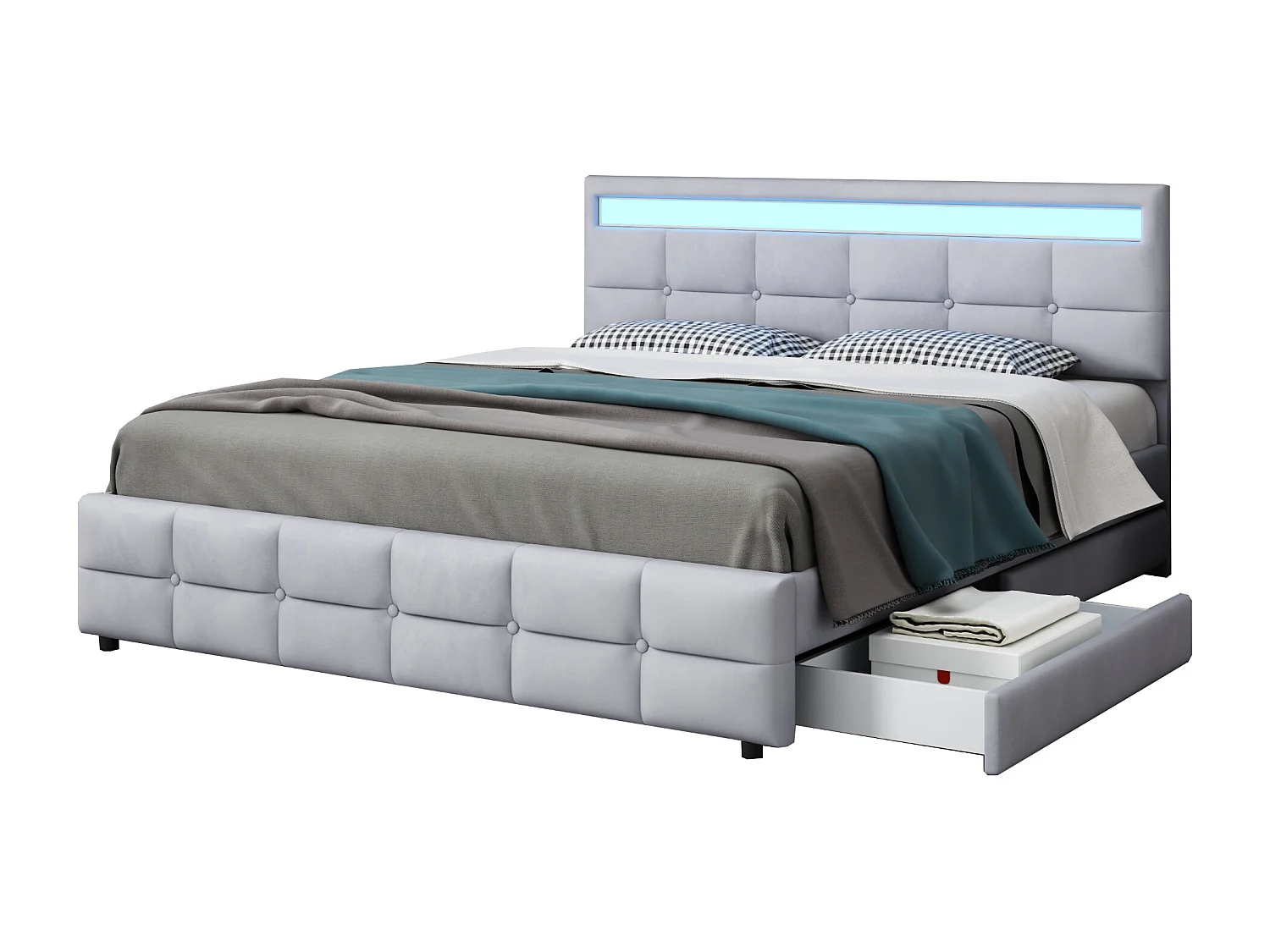 Lit tapissé 180x200cm avec LED, 4 tiroirs, lattes métalliques, dossier réglable, velours gris (203x183.5x97.5cm)