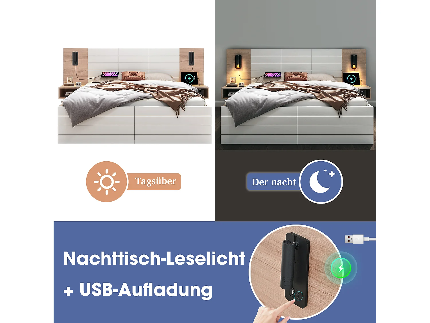 Letto matrimoniale con 2 cassetti e illuminazione LED a 16 colori, realizzato in legno massello e MDF, con 2 comodini, grigio e rovere chiaro (160x200 cm)