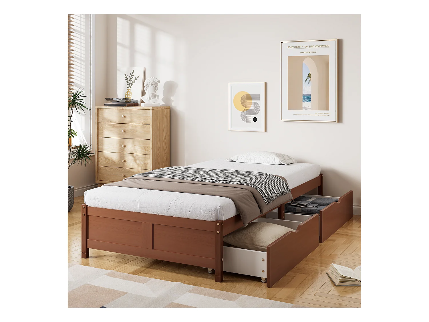 Lit plat avec tiroirs roulants, structure en pin et MDF, couleur bois vintage, 90x200 cm (206x96x35 cm)