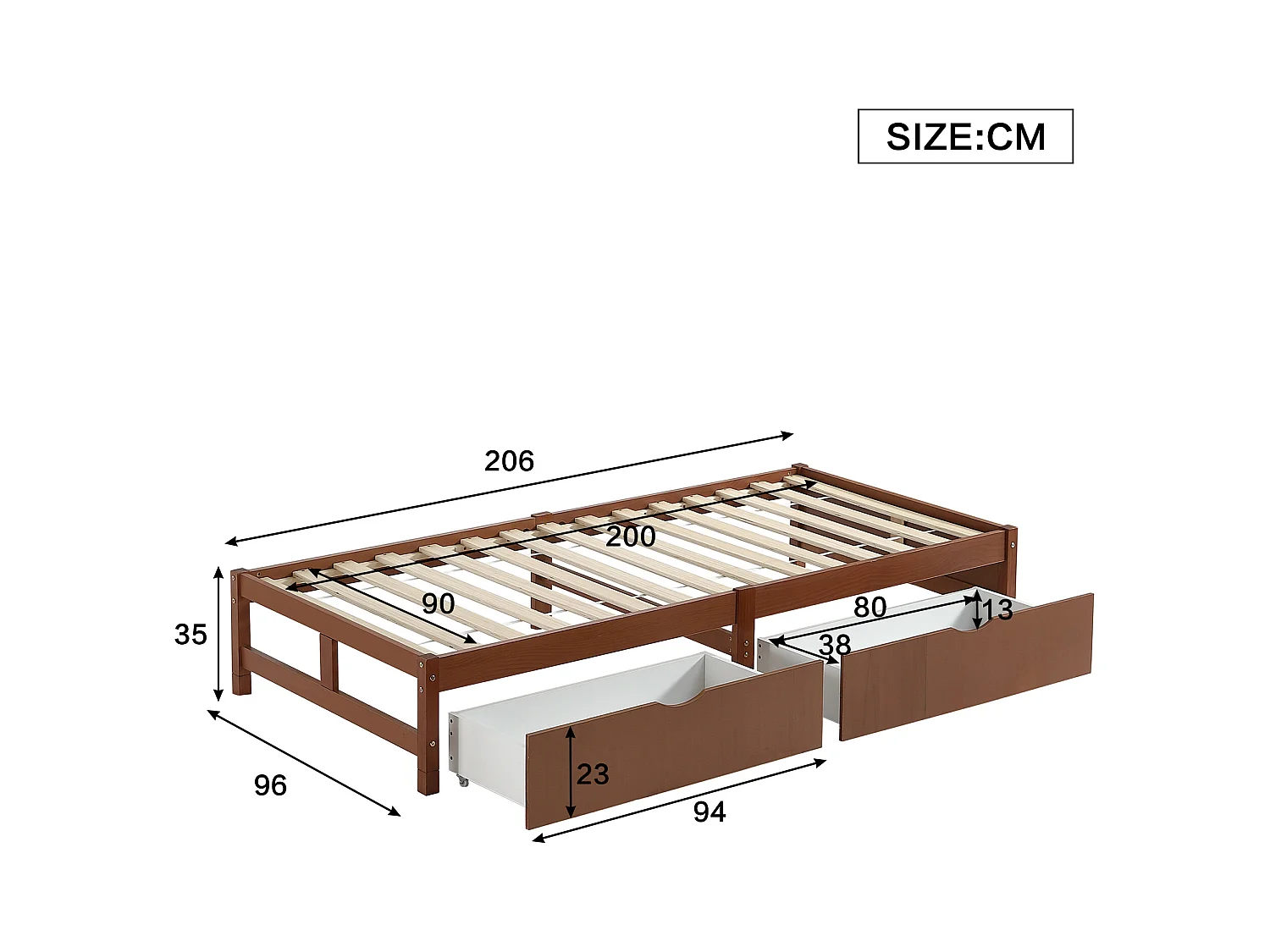 Lit plat avec tiroirs roulants, structure en pin et MDF, couleur bois vintage, 90x200 cm (206x96x35 cm)