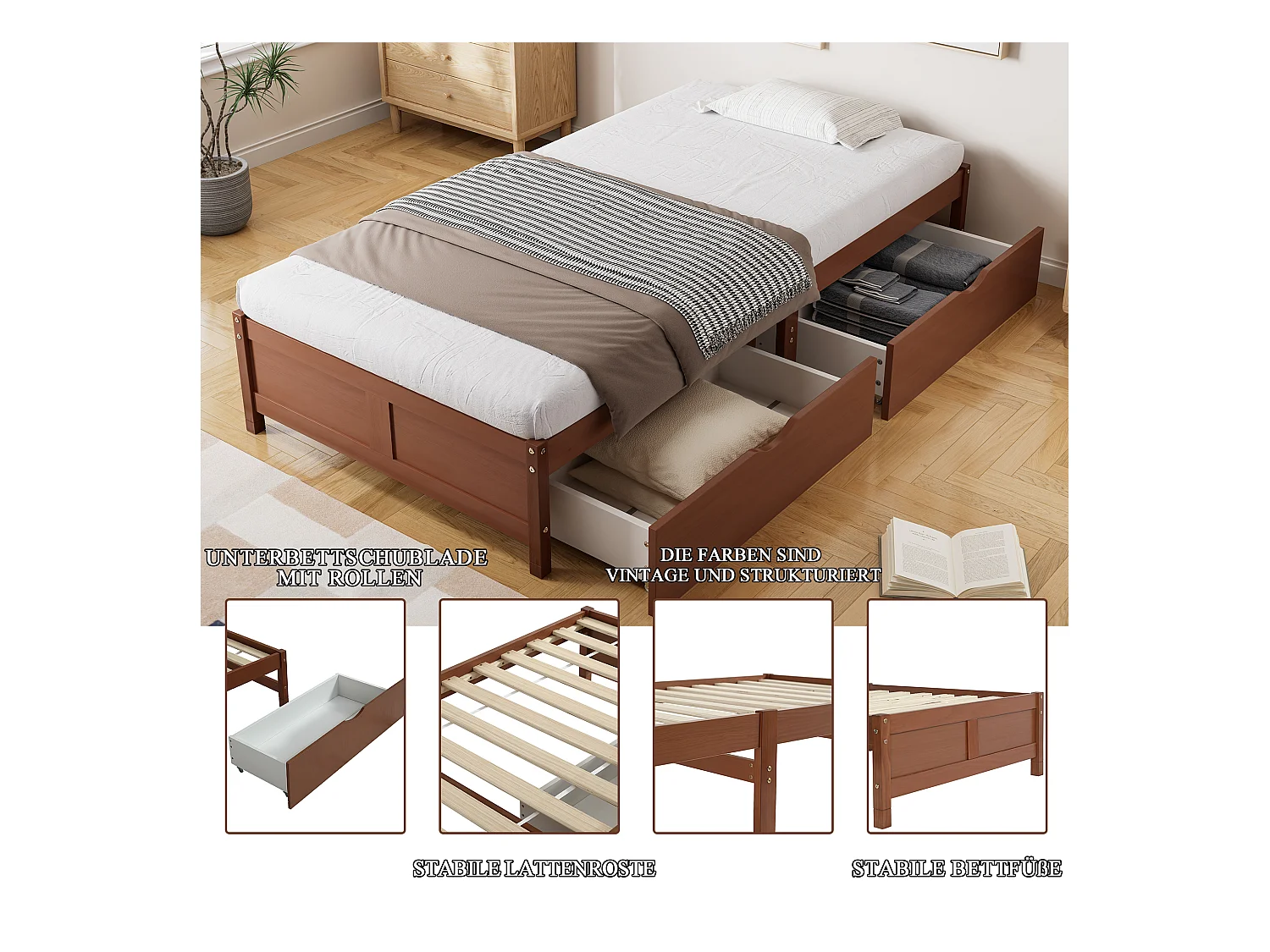 Lit plat avec tiroirs roulants, structure en pin et MDF, couleur bois vintage, 90x200 cm (206x96x35 cm)