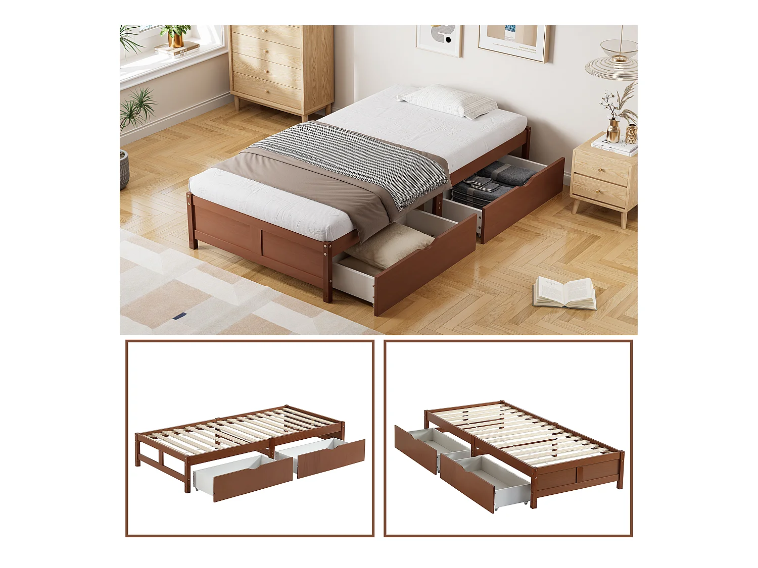 Lit plat avec tiroirs roulants, structure en pin et MDF, couleur bois vintage, 90x200 cm (206x96x35 cm)