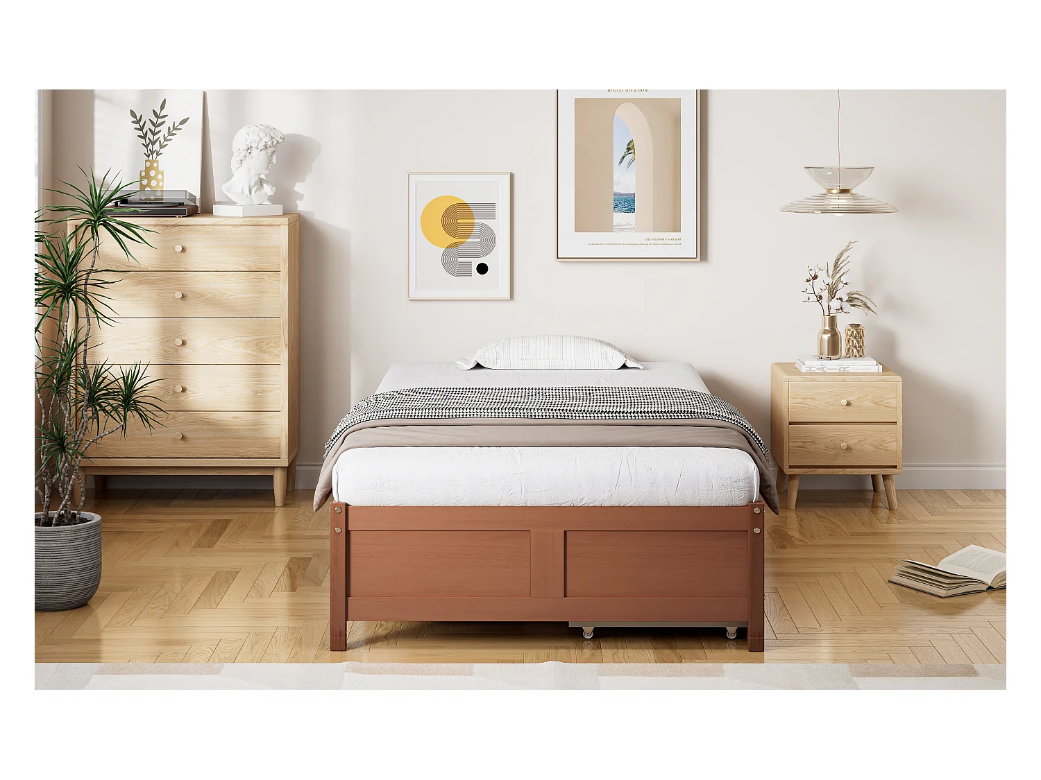 Lit plat avec tiroirs roulants, structure en pin et MDF, couleur bois vintage, 90x200 cm (206x96x35 cm)