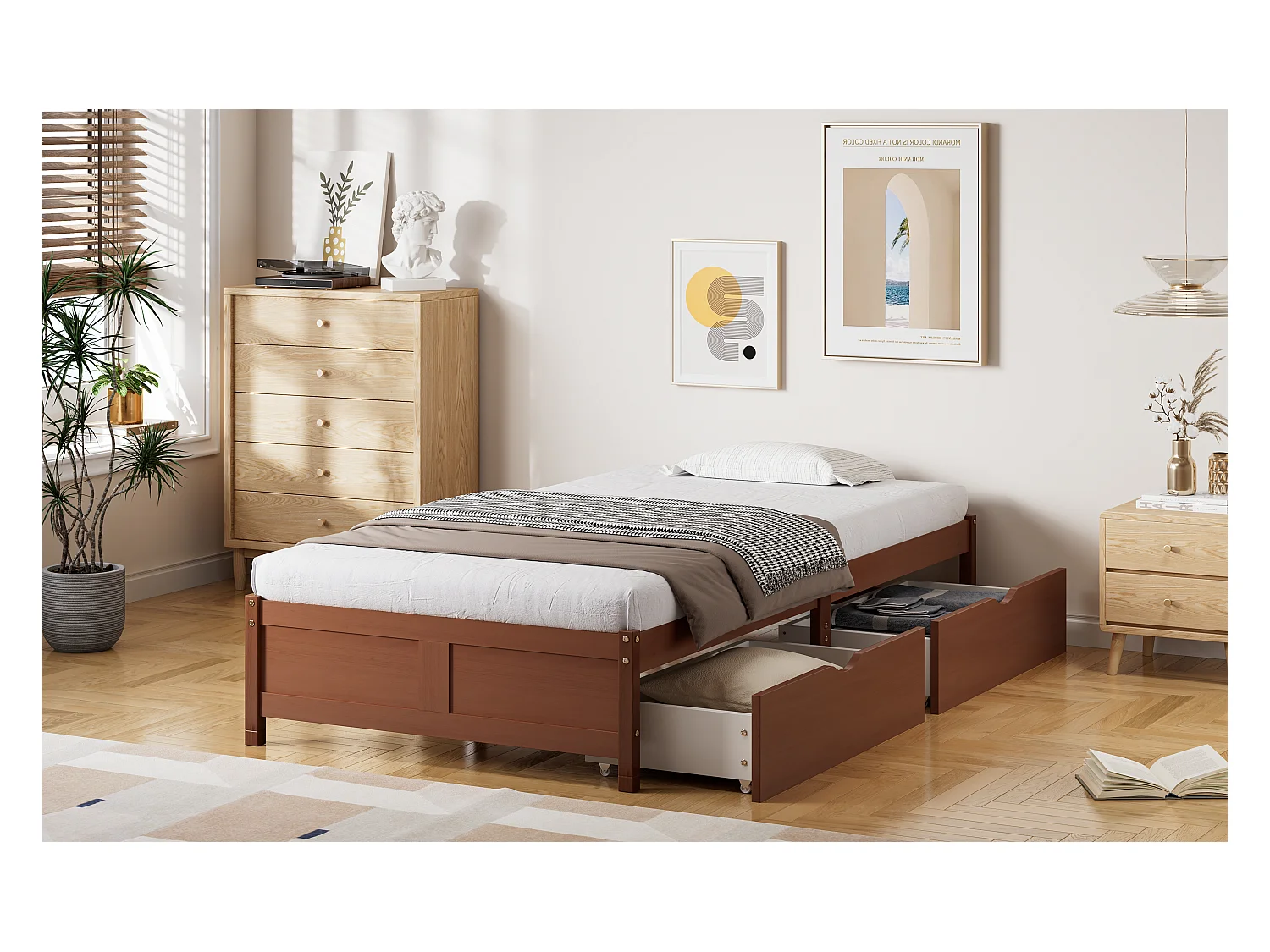 Lit plat avec tiroirs roulants, structure en pin et MDF, couleur bois vintage, 90x200 cm (206x96x35 cm)