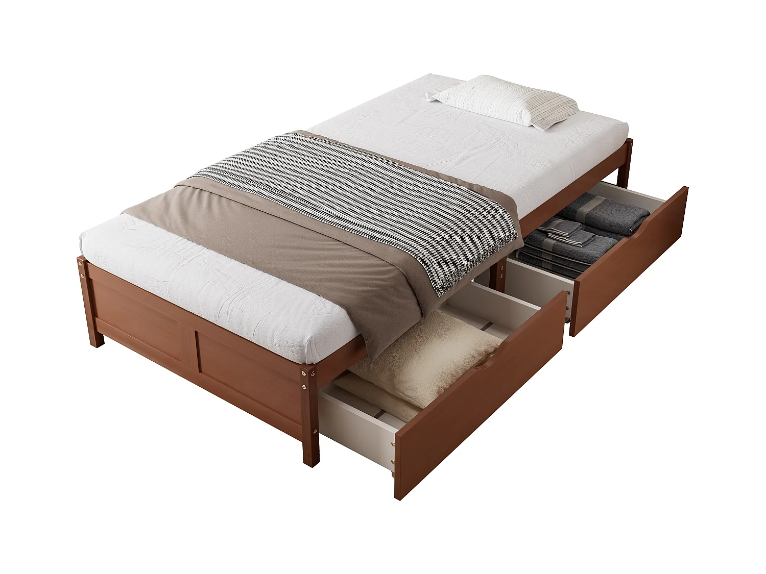 Lit plat avec tiroirs roulants, structure en pin et MDF, couleur bois vintage, 90x200 cm (206x96x35 cm)