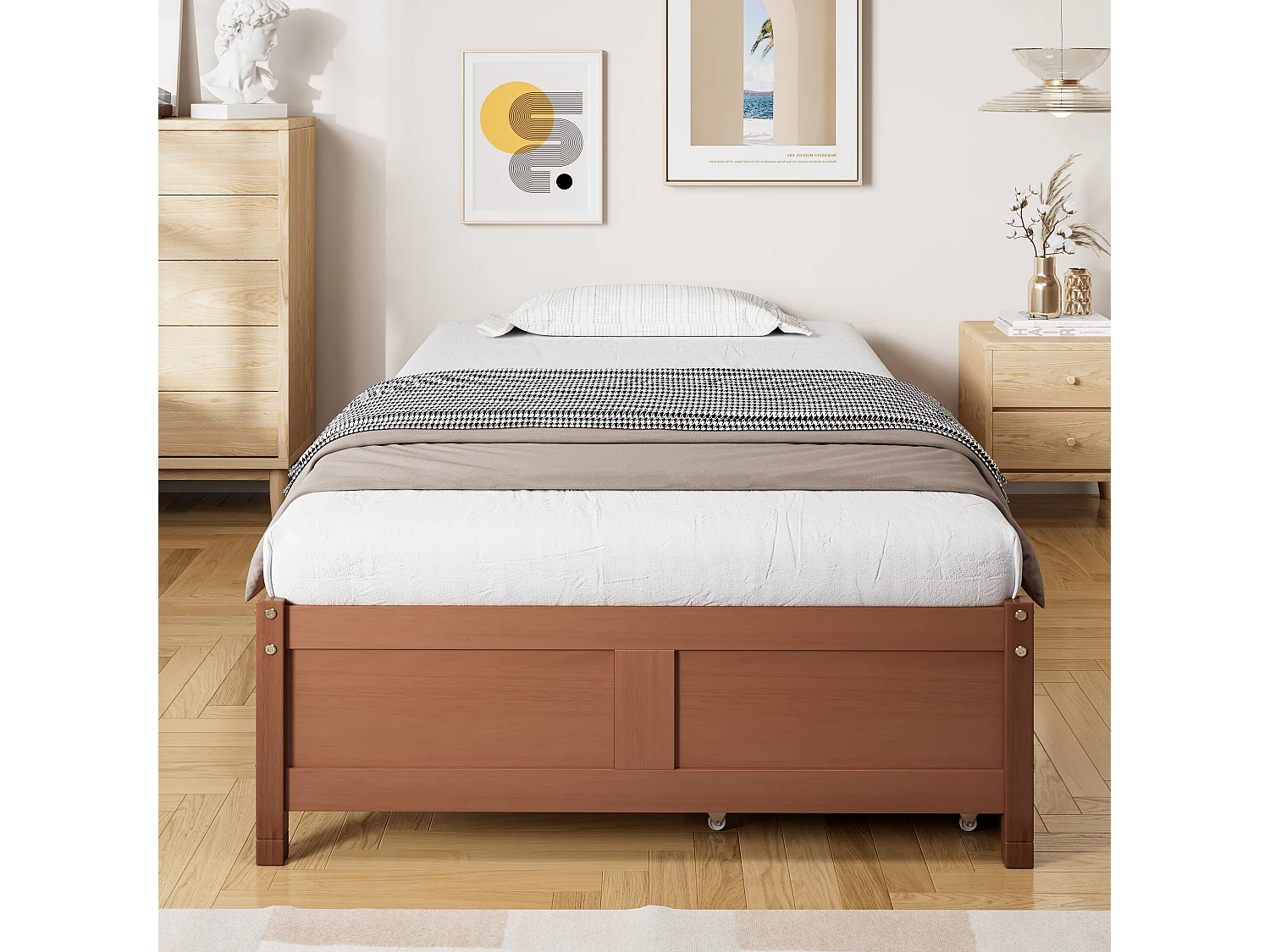 Cama plana con cajones rodantes, estructura de pino y MDF, color madera vintage, 90x200 cm (206x96x35 cm)