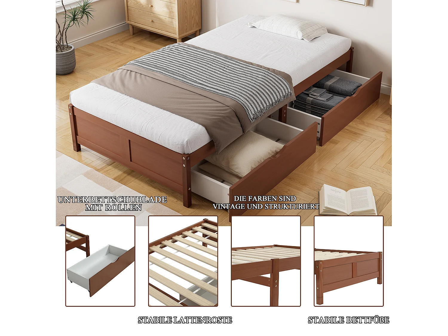 Cama plana con cajones rodantes, estructura de pino y MDF, color madera vintage, 90x200 cm (206x96x35 cm)