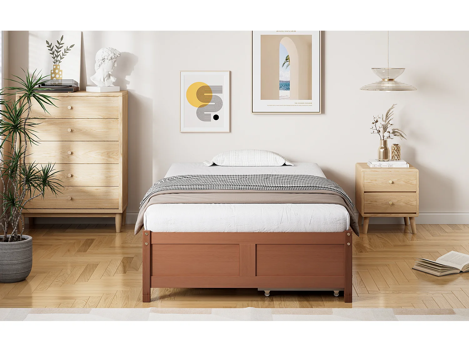 Cama plana con cajones rodantes, estructura de pino y MDF, color madera vintage, 90x200 cm (206x96x35 cm)