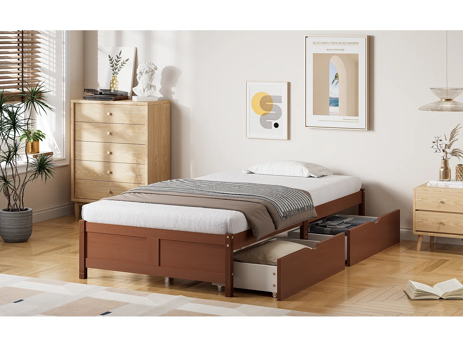 Cama plana con cajones rodantes, estructura de pino y MDF, color madera vintage, 90x200 cm (206x96x35 cm)