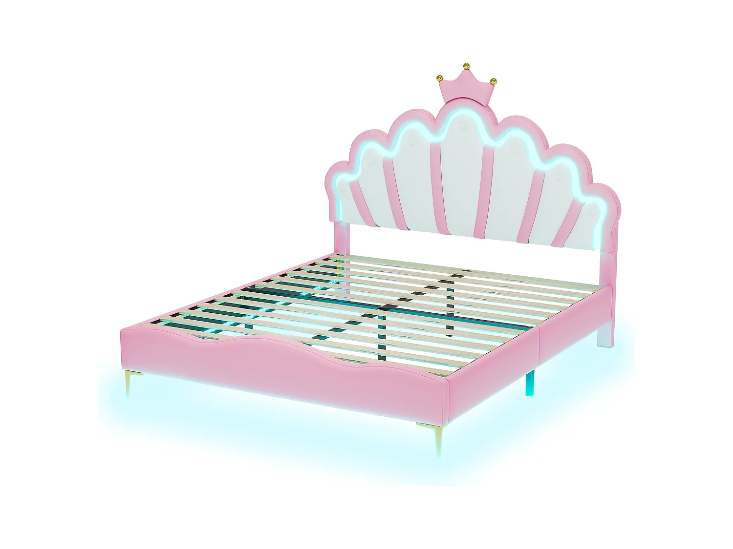 Lit 140x200 cm, lit princesse avec éclairage LED, couronne décorative, PU, blanc (203x140x129 cm)