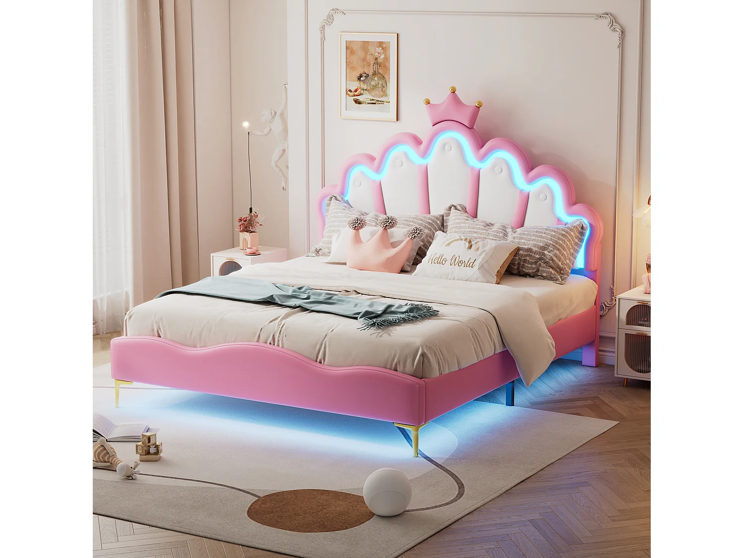 Lit 140x200 cm, lit princesse avec éclairage LED, couronne décorative, PU, blanc (203x140x129 cm)