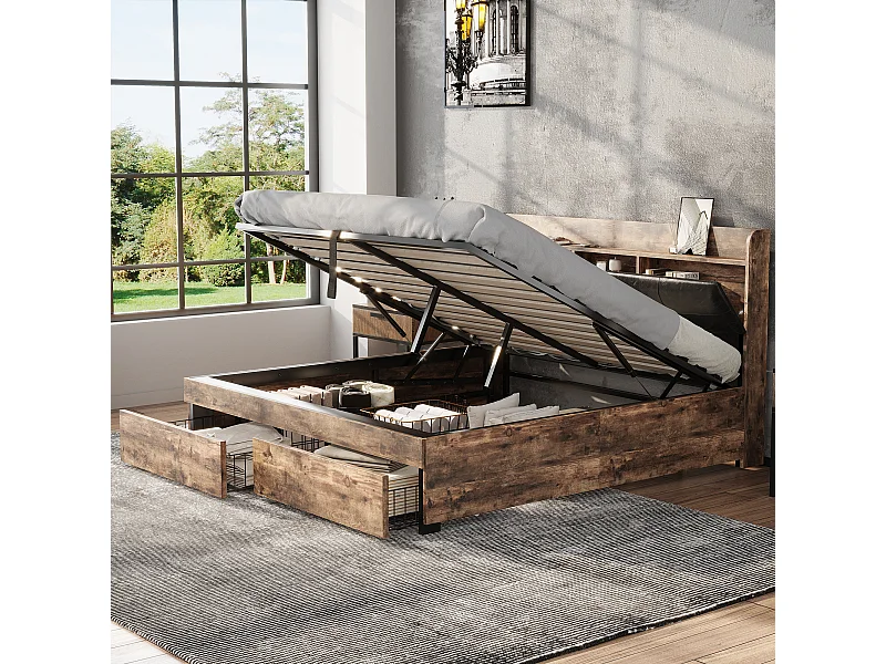 Lit métallique 140 x 200 cm, hydraulique, tête de lit avec rangement, sommier à lattes métalliques, pour adultes et enfants, bois + noir