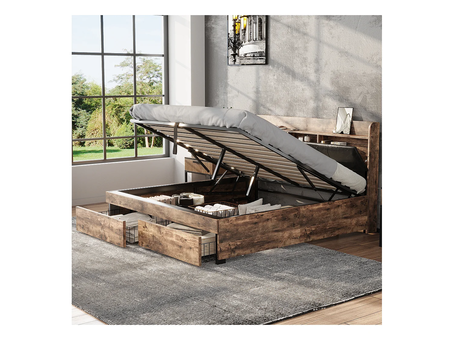 Lit métallique 140 x 200 cm, hydraulique, tête de lit avec rangement, sommier à lattes métalliques, pour adultes et enfants, bois + noir