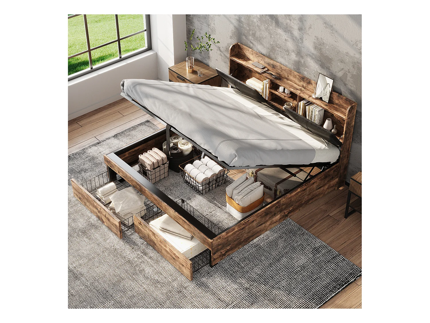 Lit métallique 140 x 200 cm, hydraulique, tête de lit avec rangement, sommier à lattes métalliques, pour adultes et enfants, bois + noir