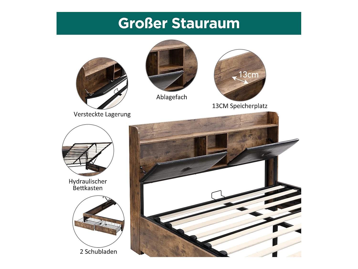 Lit métallique 140 x 200 cm, hydraulique, tête de lit avec rangement, sommier à lattes métalliques, pour adultes et enfants, bois + noir
