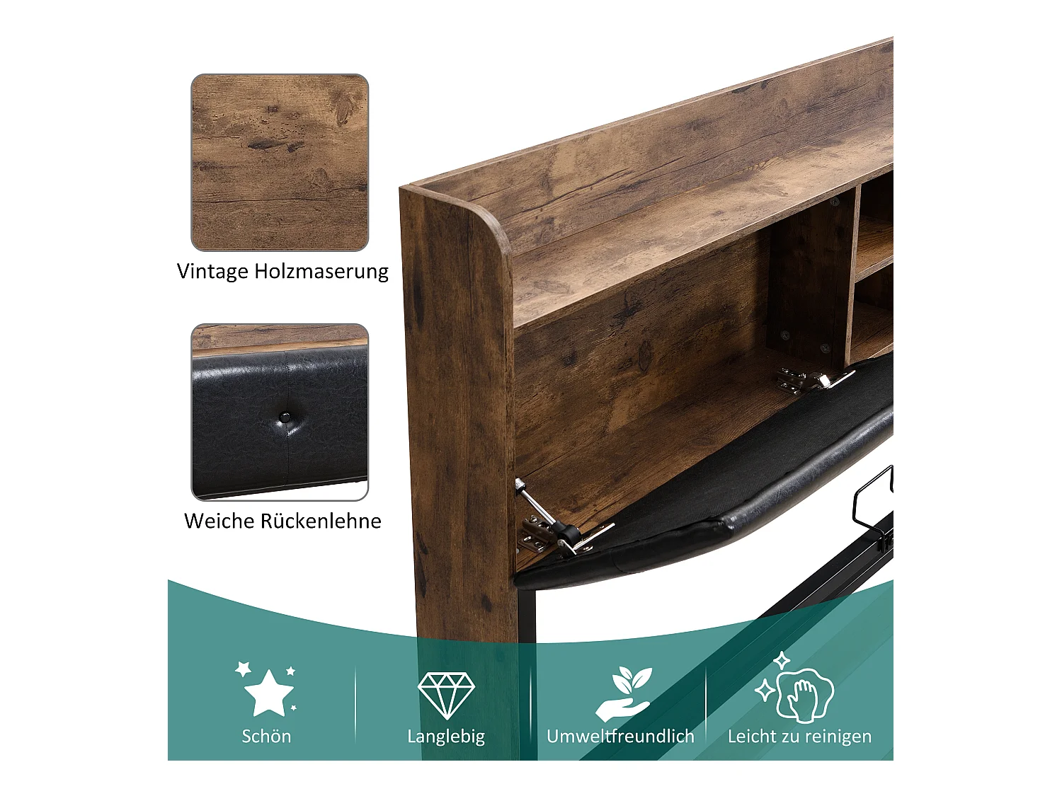 Lit métallique 140 x 200 cm, hydraulique, tête de lit avec rangement, sommier à lattes métalliques, pour adultes et enfants, bois + noir