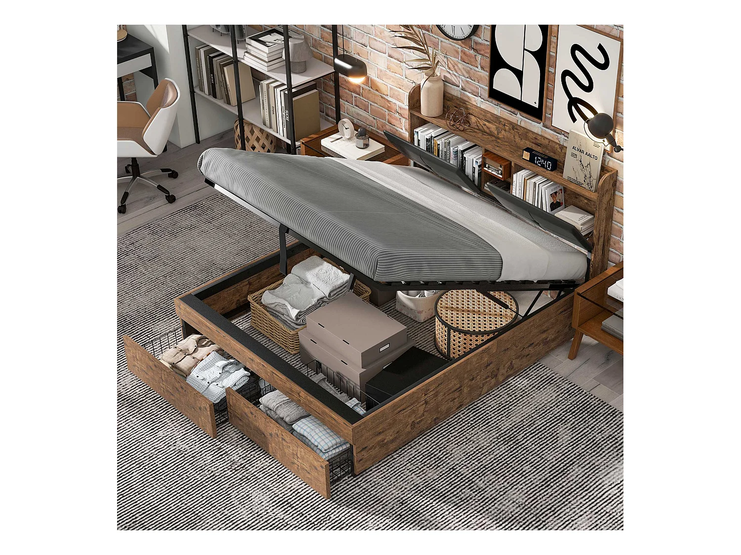 Lit métallique 140 x 200 cm, hydraulique, tête de lit avec rangement, sommier à lattes métalliques, pour adultes et enfants, bois + noir